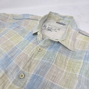 Tommy Bahama Relax Linen Blue / Tan Plaid Short Sleeve Button Down Shirt M‎